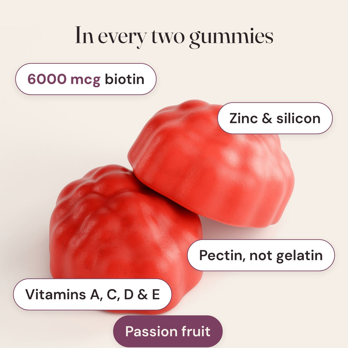 Two Still Her. passion fruit gummies: 6000 mcg biotin, zinc and silicon, vitamins A, C, D and E, pectin not gelatin