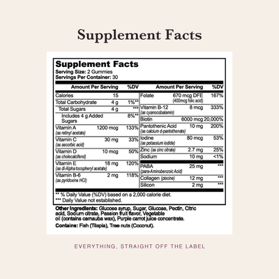 Supplement Facts panel for Still Her. Hair, Skin & Nails Gummies