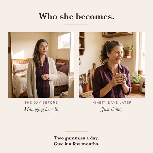 Who she becomes: the day before, managing herself. Ninety days later, just living.